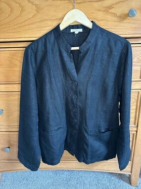 Eileen Fisher Mandarin Collar Black Boxy Blazer Heavy Linen L Sustainable  Eco